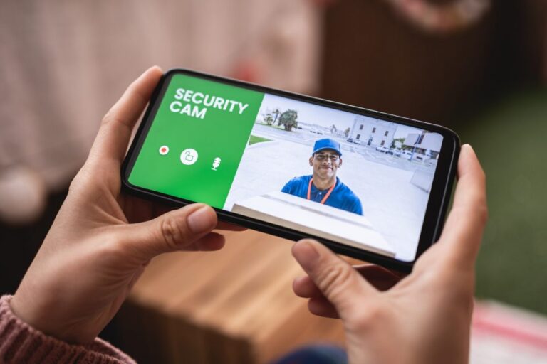 delivery-man-through-security-camera-system-on-mobile-phone-app-at-home-cctv-smart-technology